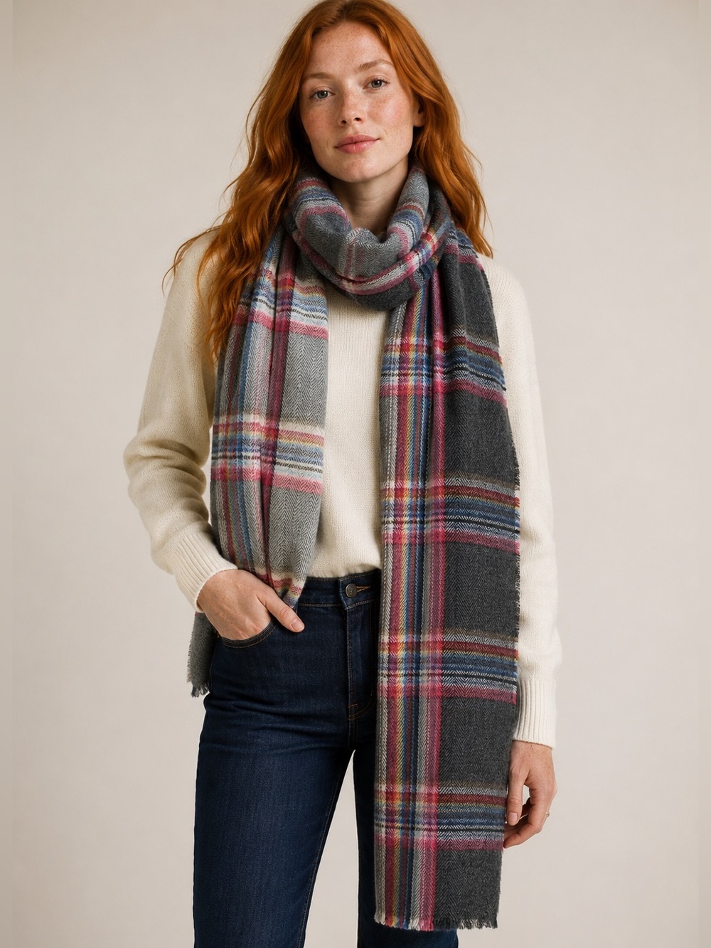 The Inoue Brothers 100% Alpaca Plaid Scarf Wrap Shawl Bolivia Gray OS Unisex
